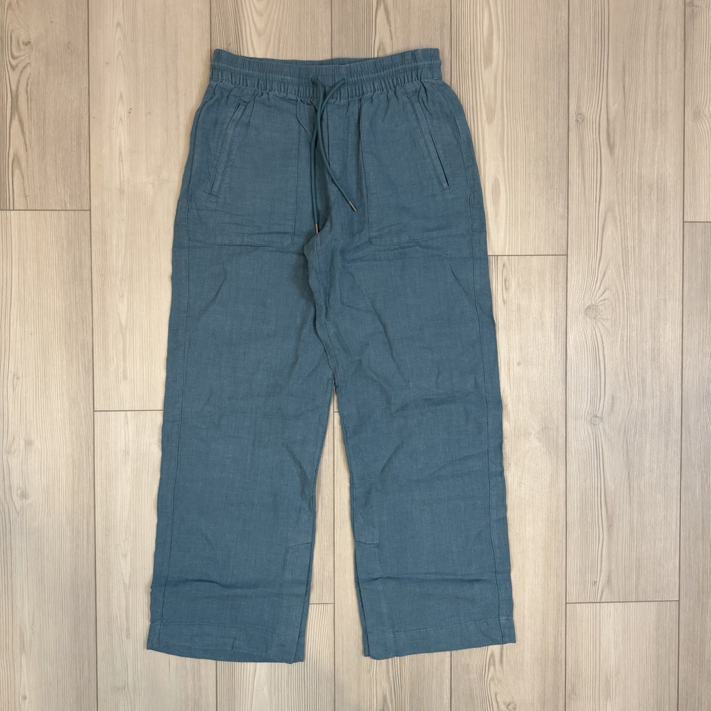 Athleta Wide-Leg Drawstring Linen Pants in Teal Blue